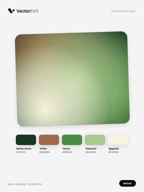Woodland Canopy Nature mesh gradient: Bottle Green #17341C, Toffee #9D6D49, Clover #478A45, Pistachio #ACC88E, Eggshell #F3F2DE Woodland Canopy Nature mesh gradient: Bottle Green #17341C, Toffee #9D6D49, Clover #478A45, Pistachio #ACC88E, Eggshell #F3F2DE