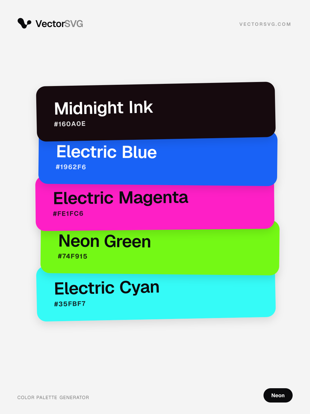 Acid Pulse Neon color palette: Midnight Ink #160A0E, Electric Blue #1962F6, Electric Magenta #FE1FC6, Neon Green #74F915, Electric Cyan #35FBF7 Acid Pulse Neon color palette: Midnight Ink #160A0E, Electric Blue #1962F6, Electric Magenta #FE1FC6, Neon Green #74F915, Electric Cyan #35FBF7
