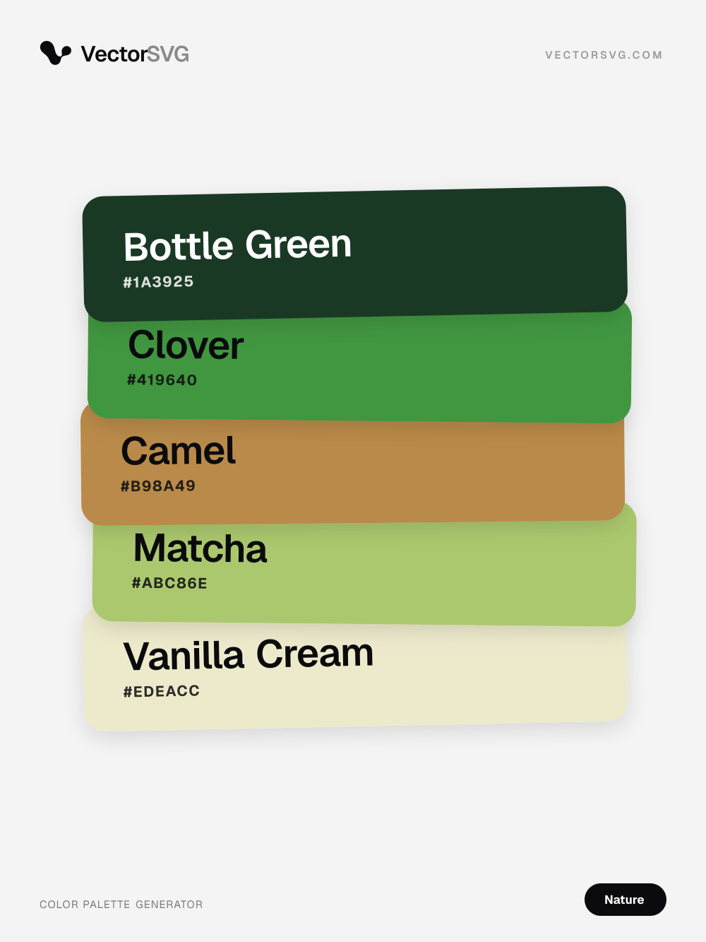 Alpine Grove Nature color palette: Bottle Green #1A3925, Clover #419640, Camel #B98A49, Matcha #ABC86E, Vanilla Cream #EDEACC Alpine Grove Nature color palette: Bottle Green #1A3925, Clover #419640, Camel #B98A49, Matcha #ABC86E, Vanilla Cream #EDEACC