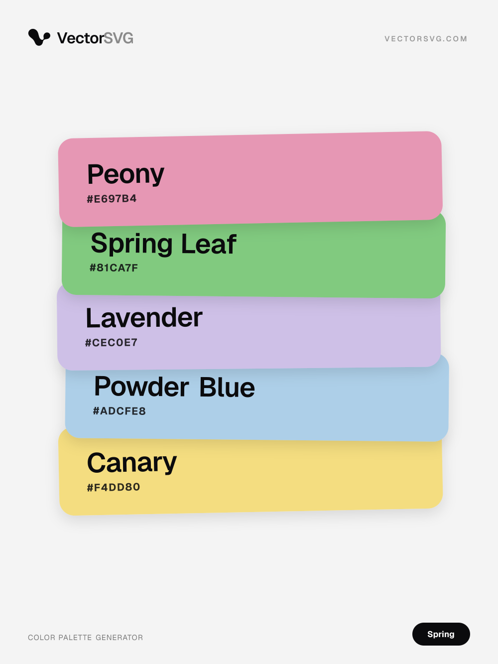 April Bouquet Spring color palette: Peony #E697B4, Spring Leaf #81CA7F, Lavender #CEC0E7, Powder Blue #ADCFE8, Canary #F4DD80 April Bouquet Spring color palette: Peony #E697B4, Spring Leaf #81CA7F, Lavender #CEC0E7, Powder Blue #ADCFE8, Canary #F4DD80