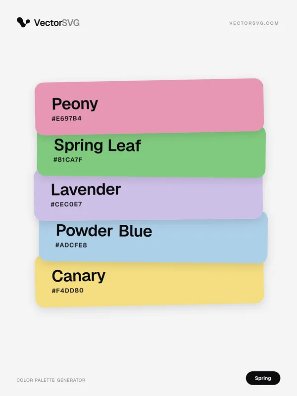Farbpalette April Bouquet (Frühling): Peony #E697B4, Spring Leaf #81CA7F, Lavender #CEC0E7, Powder Blue #ADCFE8, Canary #F4DD80 Farbpalette April Bouquet (Frühling): Peony #E697B4, Spring Leaf #81CA7F, Lavender #CEC0E7, Powder Blue #ADCFE8, Canary #F4DD80
