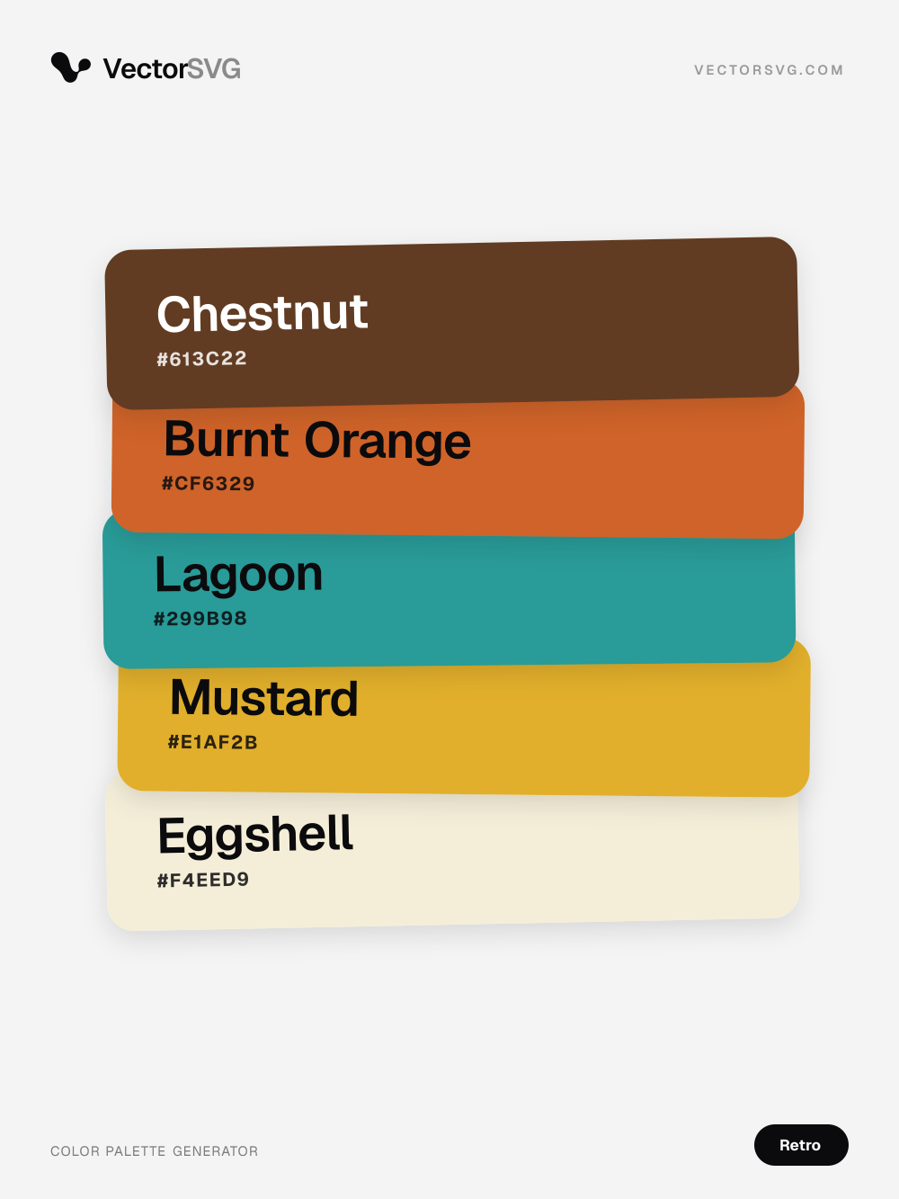 Paleta de cores Arcade Kitchen (Retrô): Chestnut #613C22, Burnt Orange #CF6329, Lagoon #299B98, Mustard #E1AF2B, Eggshell #F4EED9 Paleta de cores Arcade Kitchen (Retrô): Chestnut #613C22, Burnt Orange #CF6329, Lagoon #299B98, Mustard #E1AF2B, Eggshell #F4EED9