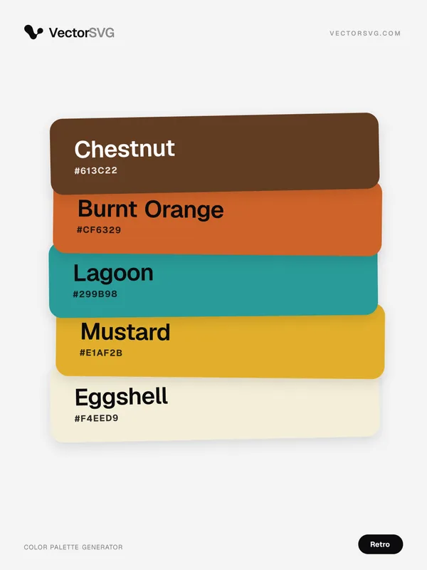 Arcade Kitchen Retro color palette: Chestnut #613C22, Burnt Orange #CF6329, Lagoon #299B98, Mustard #E1AF2B, Eggshell #F4EED9