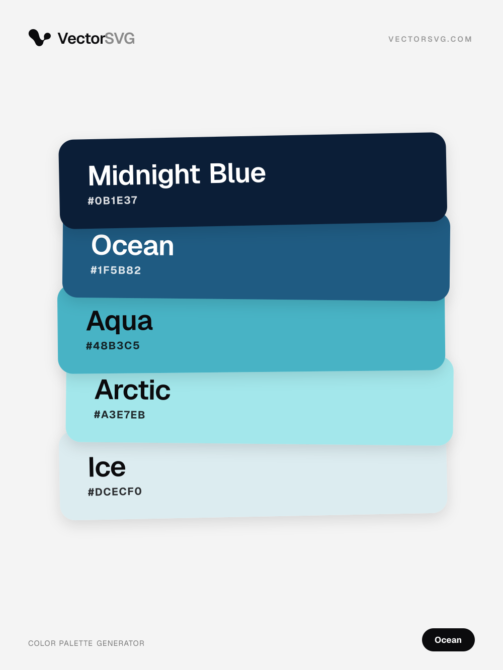 Atlantic Shore Ocean color palette: Midnight Blue #0B1E37, Ocean #1F5B82, Aqua #48B3C5, Arctic #A3E7EB, Ice #DCECF0 Atlantic Shore Ocean color palette: Midnight Blue #0B1E37, Ocean #1F5B82, Aqua #48B3C5, Arctic #A3E7EB, Ice #DCECF0