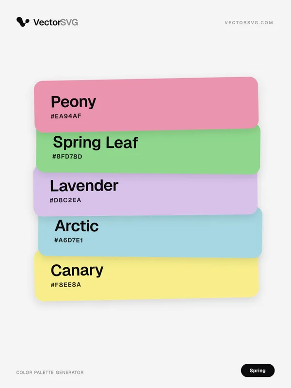 Farbpalette Blooming Blossom (Frühling): Peony #EA94AF, Spring Leaf #8FD78D, Lavender #D8C2EA, Arctic #A6D7E1, Canary #F8EE8A Farbpalette Blooming Blossom (Frühling): Peony #EA94AF, Spring Leaf #8FD78D, Lavender #D8C2EA, Arctic #A6D7E1, Canary #F8EE8A