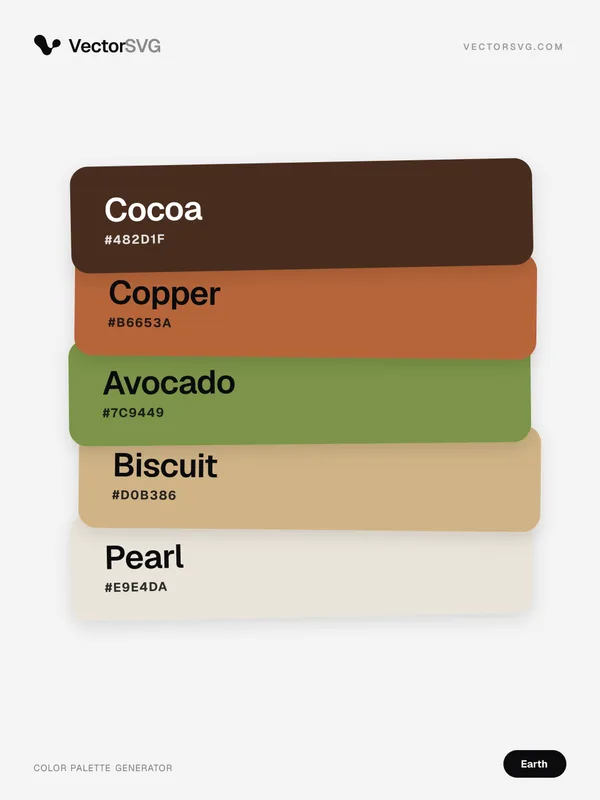 Farbpalette Canyon Kiln (Erdtöne): Cocoa #482D1F, Copper #B6653A, Avocado #7C9449, Biscuit #D0B386, Pearl #E9E4DA Farbpalette Canyon Kiln (Erdtöne): Cocoa #482D1F, Copper #B6653A, Avocado #7C9449, Biscuit #D0B386, Pearl #E9E4DA