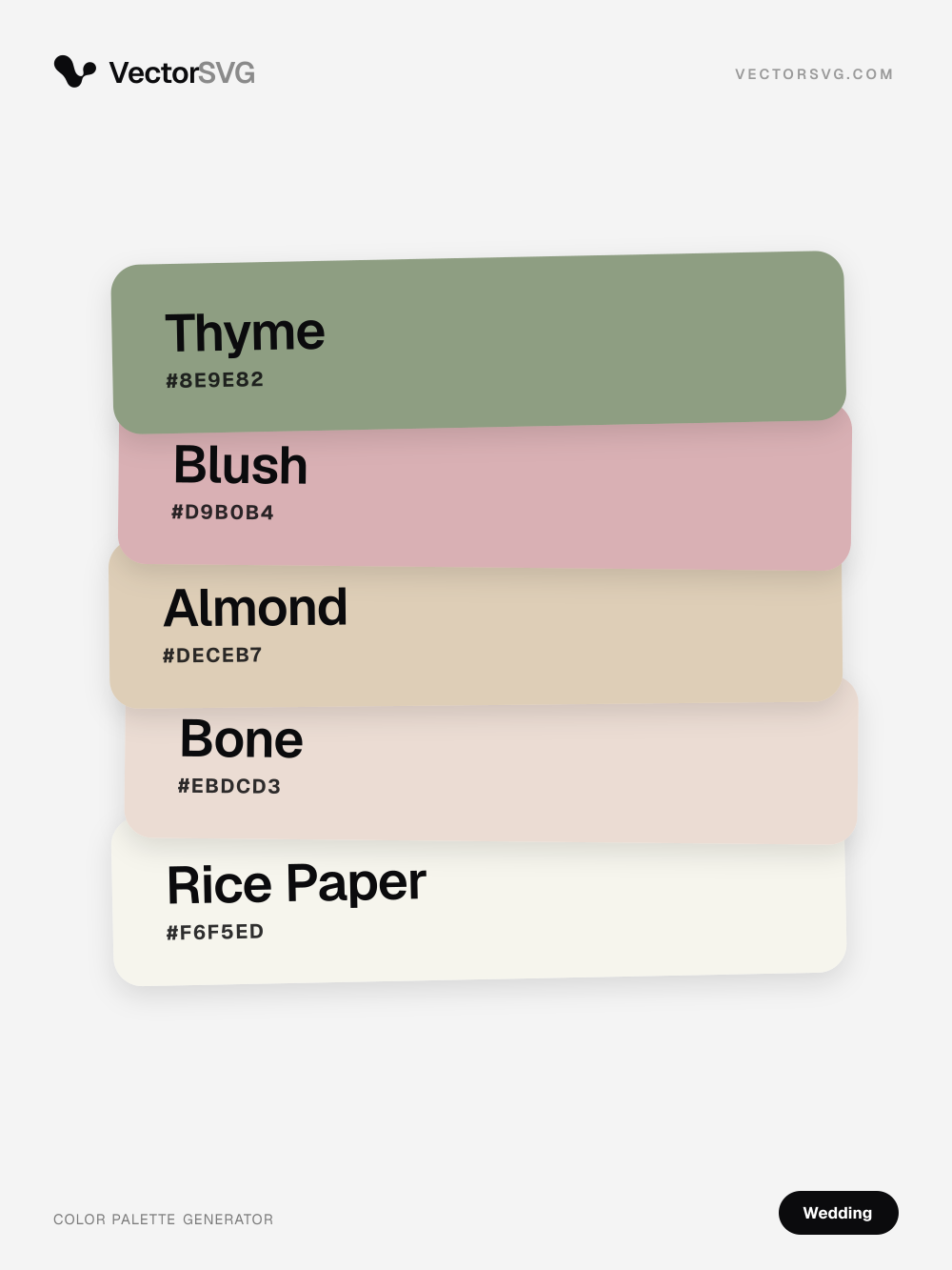 Champagne Ceremony Wedding color palette: Thyme #8E9E82, Blush #D9B0B4, Almond #DECEB7, Bone #EBDCD3, Rice Paper #F6F5ED Champagne Ceremony Wedding color palette: Thyme #8E9E82, Blush #D9B0B4, Almond #DECEB7, Bone #EBDCD3, Rice Paper #F6F5ED