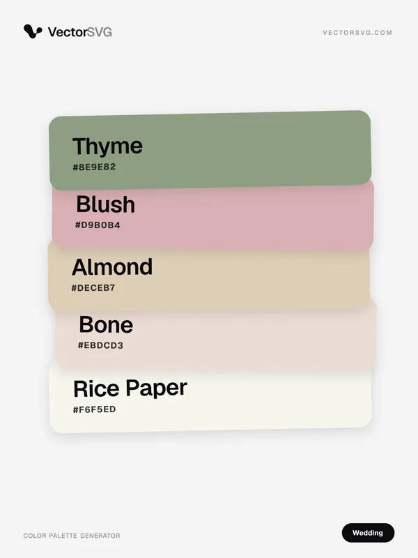 Champagne Ceremony Wedding color palette: Thyme #8E9E82, Blush #D9B0B4, Almond #DECEB7, Bone #EBDCD3, Rice Paper #F6F5ED Champagne Ceremony Wedding color palette: Thyme #8E9E82, Blush #D9B0B4, Almond #DECEB7, Bone #EBDCD3, Rice Paper #F6F5ED