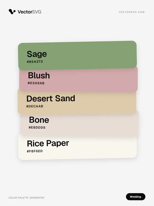 Champagne Invitation Wedding color palette: Sage #85A273, Blush #D3A9AB, Desert Sand #DECAAB, Bone #E8DDD5, Rice Paper #F8F6ED Champagne Invitation Wedding color palette: Sage #85A273, Blush #D3A9AB, Desert Sand #DECAAB, Bone #E8DDD5, Rice Paper #F8F6ED