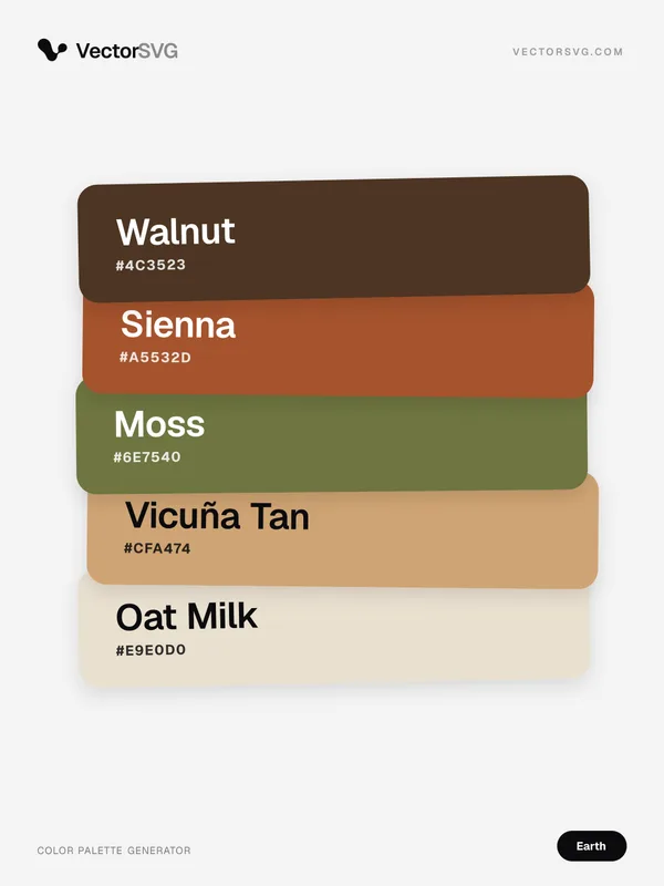 Farbpalette Clay Mesa (Erdtöne): Walnut #4C3523, Sienna #A5532D, Moss #6E7540, Vicuña Tan #CFA474, Oat Milk #E9E0D0 Farbpalette Clay Mesa (Erdtöne): Walnut #4C3523, Sienna #A5532D, Moss #6E7540, Vicuña Tan #CFA474, Oat Milk #E9E0D0