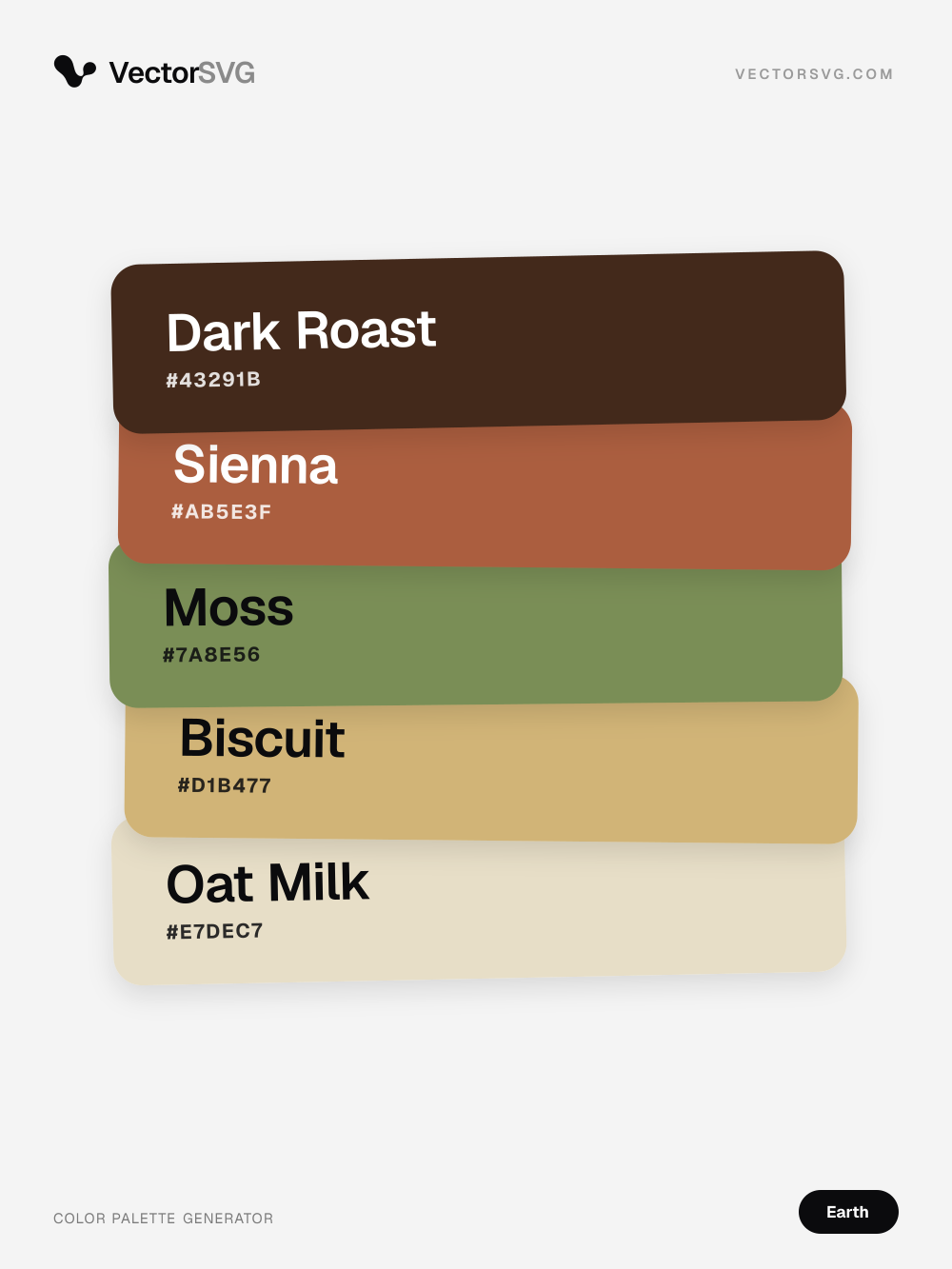 Clay Ridge Earth tones color palette: Dark Roast #43291B, Sienna #AB5E3F, Moss #7A8E56, Biscuit #D1B477, Oat Milk #E7DEC7 Clay Ridge Earth tones color palette: Dark Roast #43291B, Sienna #AB5E3F, Moss #7A8E56, Biscuit #D1B477, Oat Milk #E7DEC7