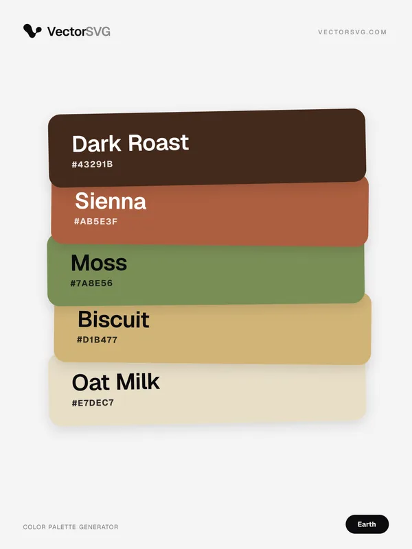Farbpalette Clay Ridge (Erdtöne): Dark Roast #43291B, Sienna #AB5E3F, Moss #7A8E56, Biscuit #D1B477, Oat Milk #E7DEC7 Farbpalette Clay Ridge (Erdtöne): Dark Roast #43291B, Sienna #AB5E3F, Moss #7A8E56, Biscuit #D1B477, Oat Milk #E7DEC7