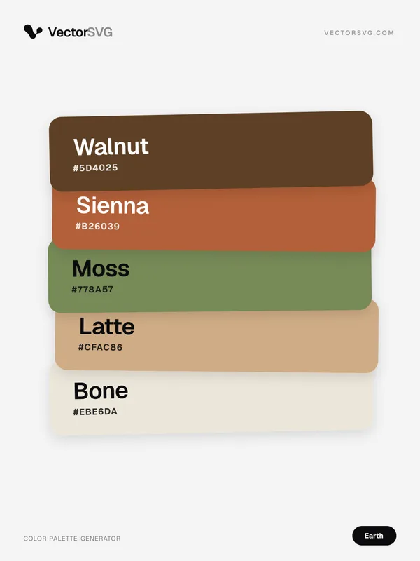 Farbpalette Clay Ridge (Erdtöne): Walnut #5D4025, Sienna #B26039, Moss #778A57, Latte #CFAC86, Bone #EBE6DA Farbpalette Clay Ridge (Erdtöne): Walnut #5D4025, Sienna #B26039, Moss #778A57, Latte #CFAC86, Bone #EBE6DA