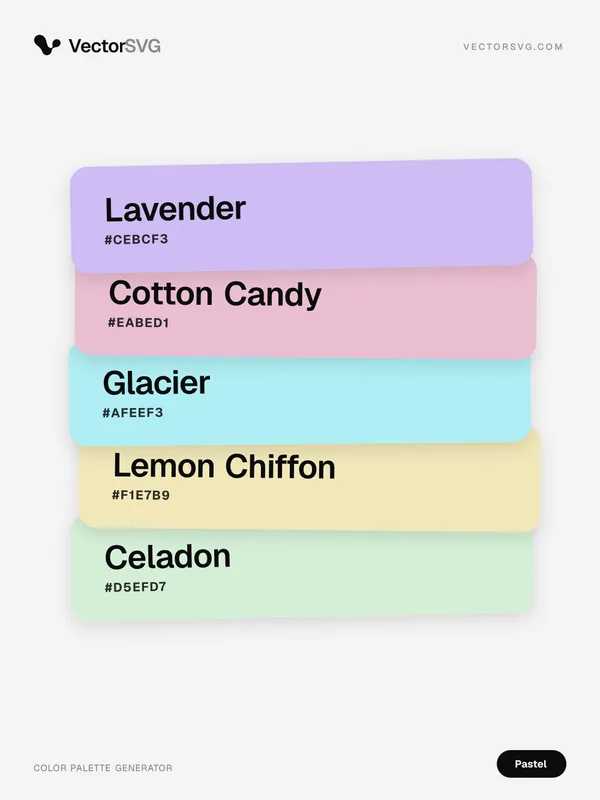 Cloud Petal Pastel color palette: Lavender #CEBCF3, Cotton Candy #EABED1, Glacier #AFEEF3, Lemon Chiffon #F1E7B9, Celadon #D5EFD7