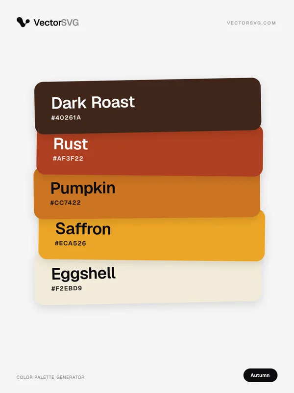 Copper Lantern Autumn color palette: Dark Roast #40261A, Rust #AF3F22, Pumpkin #CC7422, Saffron #ECA526, Eggshell #F2EBD9