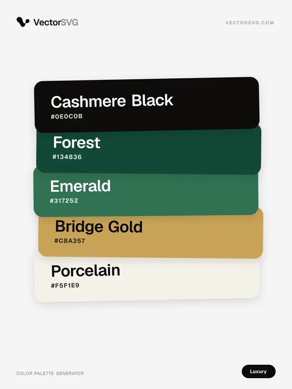 Farbpalette Couture Reserve (Luxus): Cashmere Black #0E0C0B, Forest #134836, Emerald #317252, Bridge Gold #C8A357, Porcelain #F5F1E9 Farbpalette Couture Reserve (Luxus): Cashmere Black #0E0C0B, Forest #134836, Emerald #317252, Bridge Gold #C8A357, Porcelain #F5F1E9