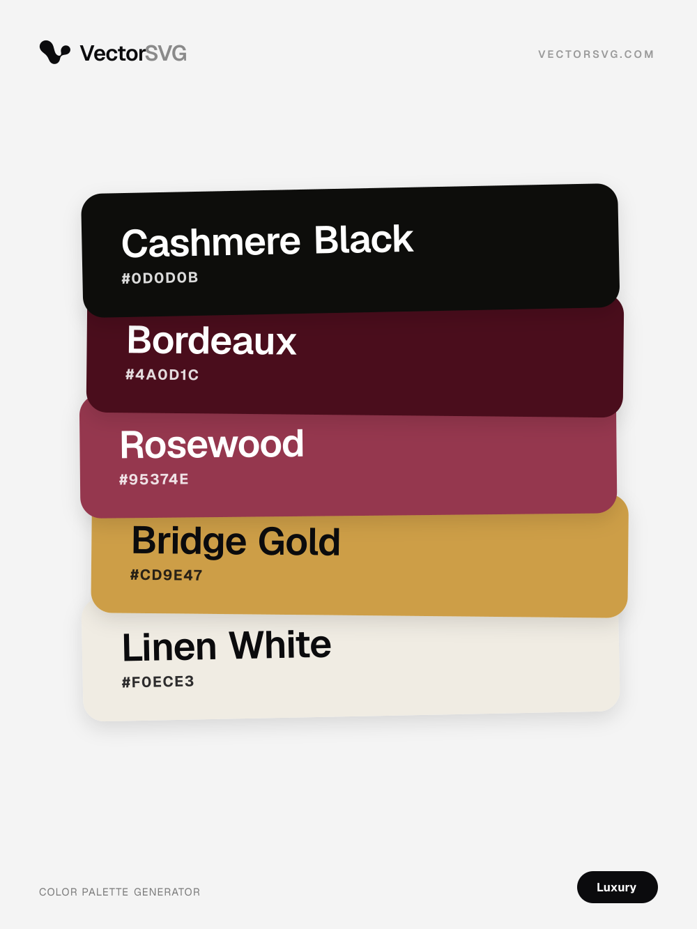 Farbpalette Couture Salon (Luxus): Cashmere Black #0D0D0B, Bordeaux #4A0D1C, Rosewood #95374E, Bridge Gold #CD9E47, Linen White #F0ECE3 Farbpalette Couture Salon (Luxus): Cashmere Black #0D0D0B, Bordeaux #4A0D1C, Rosewood #95374E, Bridge Gold #CD9E47, Linen White #F0ECE3