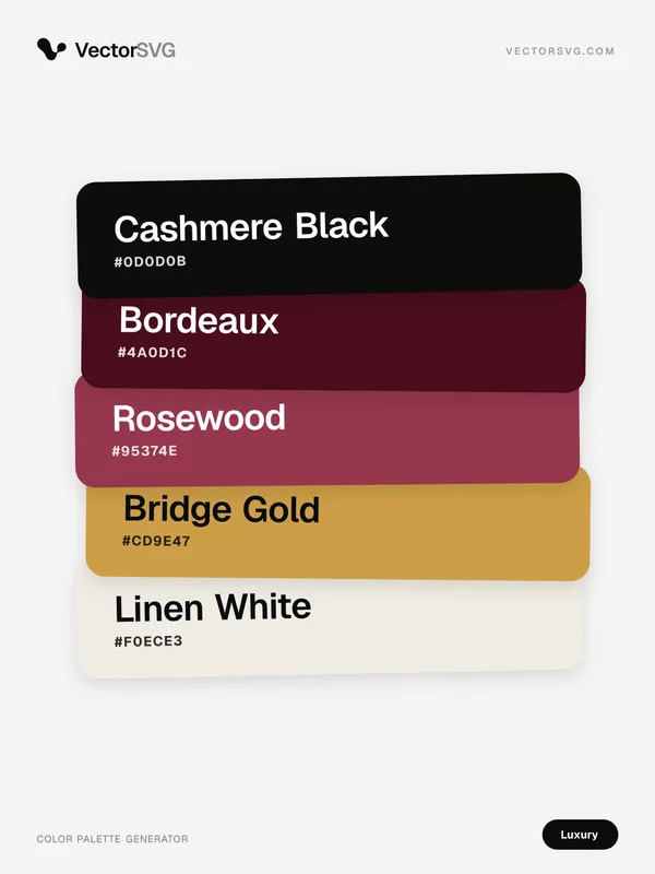 Farbpalette Couture Salon (Luxus): Cashmere Black #0D0D0B, Bordeaux #4A0D1C, Rosewood #95374E, Bridge Gold #CD9E47, Linen White #F0ECE3 Farbpalette Couture Salon (Luxus): Cashmere Black #0D0D0B, Bordeaux #4A0D1C, Rosewood #95374E, Bridge Gold #CD9E47, Linen White #F0ECE3