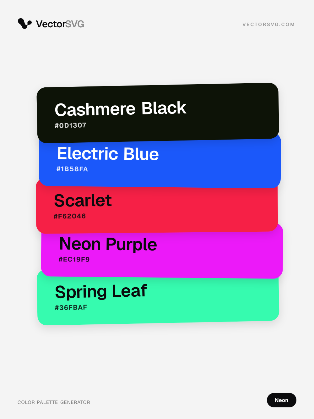 Cyber Nights Neon color palette: Cashmere Black #0D1307, Electric Blue #1B58FA, Scarlet #F62046, Neon Purple #EC19F9, Spring Leaf #36FBAF Cyber Nights Neon color palette: Cashmere Black #0D1307, Electric Blue #1B58FA, Scarlet #F62046, Neon Purple #EC19F9, Spring Leaf #36FBAF