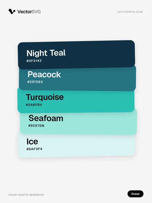 Deep Depths Ocean color palette: Night Teal #0F3143, Peacock #257283, Turquoise #2ABFB4, Seafoam #9CE7DB, Ice #DAF3F4 Deep Depths Ocean color palette: Night Teal #0F3143, Peacock #257283, Turquoise #2ABFB4, Seafoam #9CE7DB, Ice #DAF3F4
