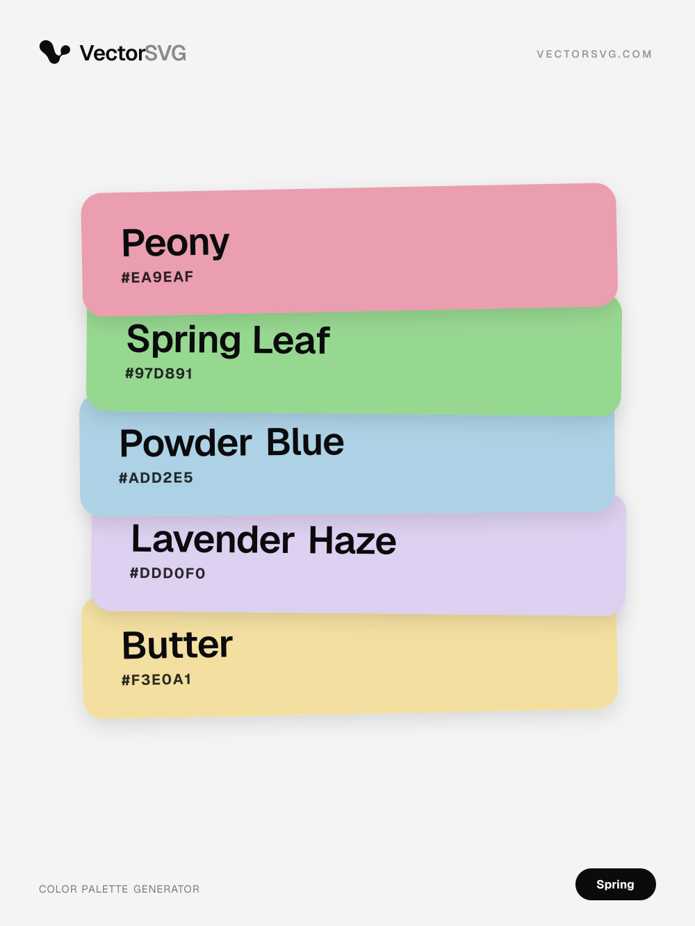 Farbpalette Dewy Showers (Frühling): Peony #EA9EAF, Spring Leaf #97D891, Powder Blue #ADD2E5, Lavender Haze #DDD0F0, Butter #F3E0A1 Farbpalette Dewy Showers (Frühling): Peony #EA9EAF, Spring Leaf #97D891, Powder Blue #ADD2E5, Lavender Haze #DDD0F0, Butter #F3E0A1