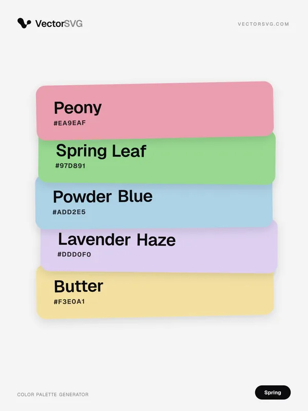 Dewy Showers Spring color palette: Peony #EA9EAF, Spring Leaf #97D891, Powder Blue #ADD2E5, Lavender Haze #DDD0F0, Butter #F3E0A1 Dewy Showers Spring color palette: Peony #EA9EAF, Spring Leaf #97D891, Powder Blue #ADD2E5, Lavender Haze #DDD0F0, Butter #F3E0A1