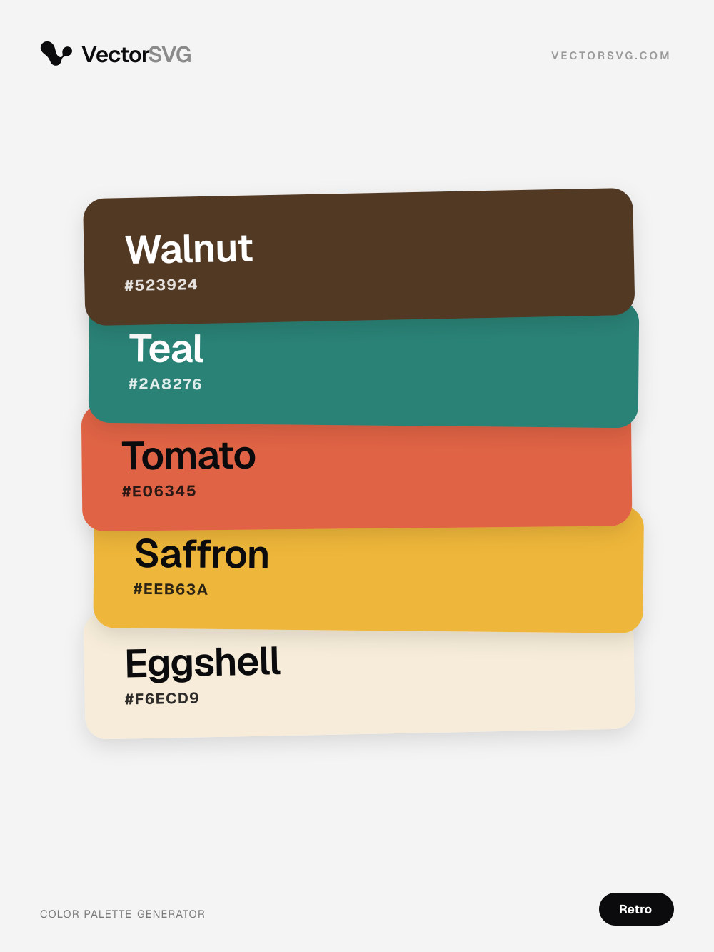 Farbpalette Diner Summer (Retro): Walnut #523924, Teal #2A8276, Tomato #E06345, Saffron #EEB63A, Eggshell #F6ECD9 Farbpalette Diner Summer (Retro): Walnut #523924, Teal #2A8276, Tomato #E06345, Saffron #EEB63A, Eggshell #F6ECD9