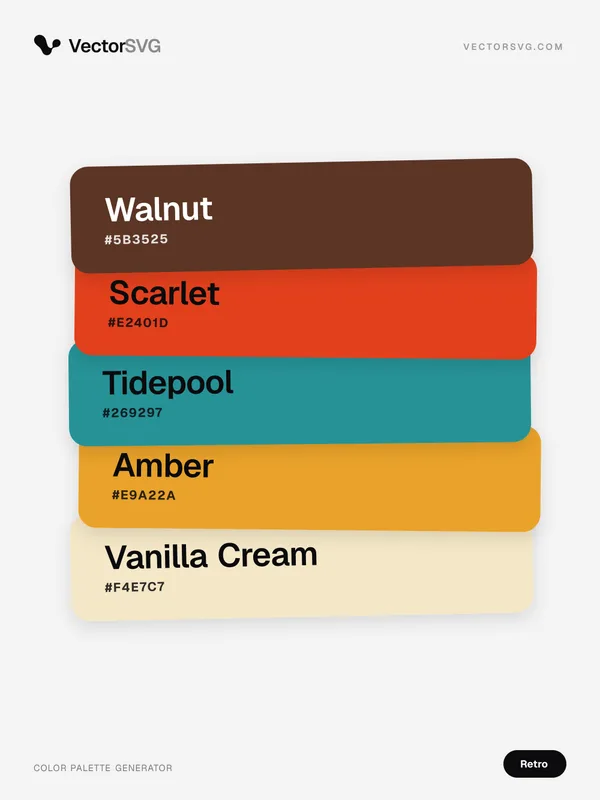 Diner Wallpaper Retro color palette: Walnut #5B3525, Scarlet #E2401D, Tidepool #269297, Amber #E9A22A, Vanilla Cream #F4E7C7