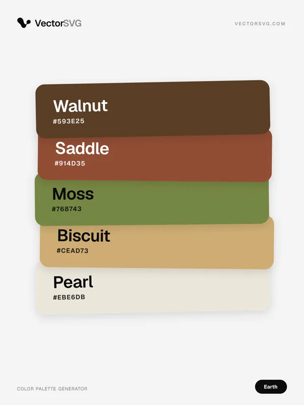Dune Trail Earth tones color palette: Walnut #593E25, Saddle #914D35, Moss #768743, Biscuit #CEAD73, Pearl #EBE6DB Dune Trail Earth tones color palette: Walnut #593E25, Saddle #914D35, Moss #768743, Biscuit #CEAD73, Pearl #EBE6DB
