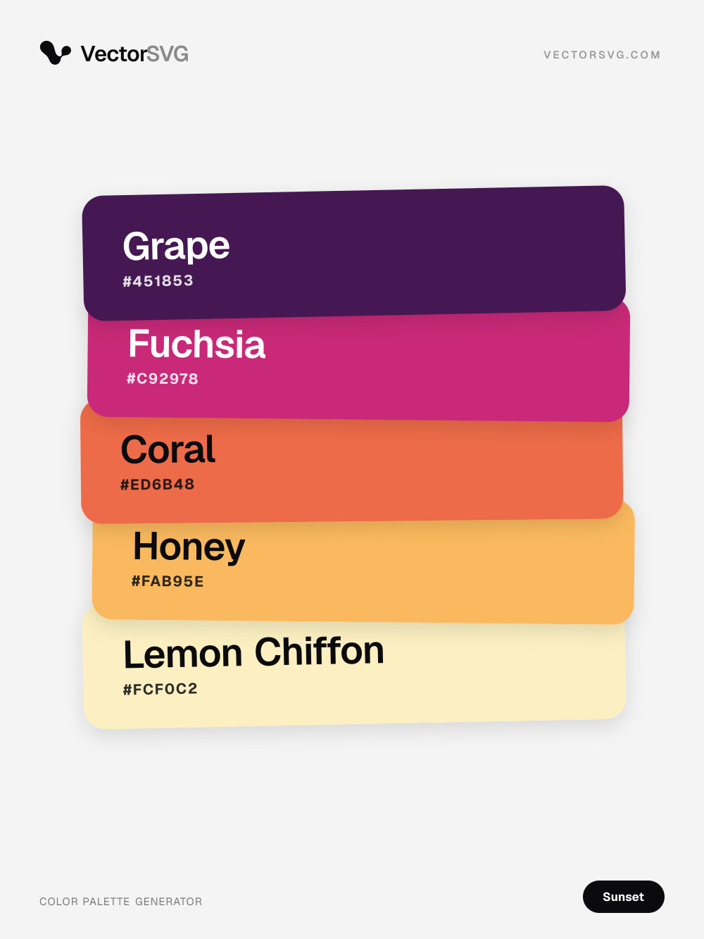 Paleta de cores Dusky Evening (Pôr do sol): Grape #451853, Fuchsia #C92978, Coral #ED6B48, Honey #FAB95E, Lemon Chiffon #FCF0C2 Paleta de cores Dusky Evening (Pôr do sol): Grape #451853, Fuchsia #C92978, Coral #ED6B48, Honey #FAB95E, Lemon Chiffon #FCF0C2