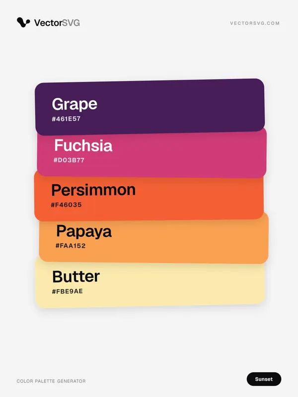 Farbpalette Dusky Glow (Sonnenuntergang): Grape #461E57, Fuchsia #D03B77, Persimmon #F46035, Papaya #FAA152, Butter #FBE9AE Farbpalette Dusky Glow (Sonnenuntergang): Grape #461E57, Fuchsia #D03B77, Persimmon #F46035, Papaya #FAA152, Butter #FBE9AE