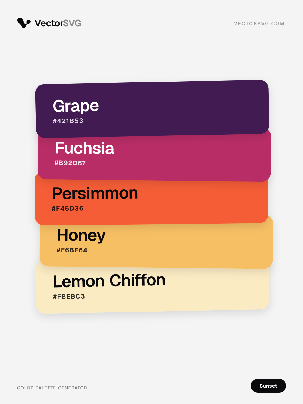 Farbpalette Dusky Horizon (Sonnenuntergang): Grape #421B53, Fuchsia #B92D67, Persimmon #F45D36, Honey #F6BF64, Lemon Chiffon #FBEBC3 Farbpalette Dusky Horizon (Sonnenuntergang): Grape #421B53, Fuchsia #B92D67, Persimmon #F45D36, Honey #F6BF64, Lemon Chiffon #FBEBC3