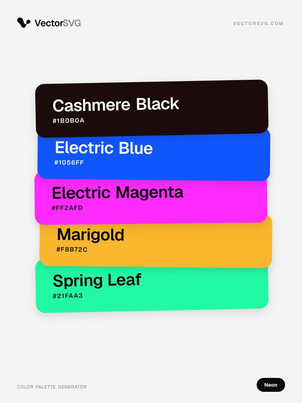 Farbpalette Electric Rave (Neon): Cashmere Black #1B0B0A, Electric Blue #1056FF, Electric Magenta #FF2AFD, Marigold #F8B72C, Spring Leaf #21FAA3 Farbpalette Electric Rave (Neon): Cashmere Black #1B0B0A, Electric Blue #1056FF, Electric Magenta #FF2AFD, Marigold #F8B72C, Spring Leaf #21FAA3