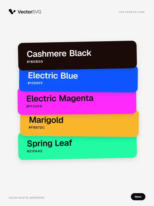 Farbpalette Electric Rave (Neon): Cashmere Black #1B0B0A, Electric Blue #1056FF, Electric Magenta #FF2AFD, Marigold #F8B72C, Spring Leaf #21FAA3 Farbpalette Electric Rave (Neon): Cashmere Black #1B0B0A, Electric Blue #1056FF, Electric Magenta #FF2AFD, Marigold #F8B72C, Spring Leaf #21FAA3