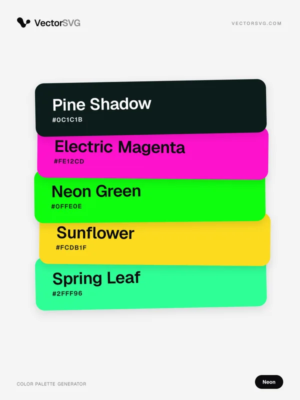 Farbpalette Electric Rave (Neon): Pine Shadow #0C1C1B, Electric Magenta #FE12CD, Neon Green #0FFE0E, Sunflower #FCDB1F, Spring Leaf #2FFF96 Farbpalette Electric Rave (Neon): Pine Shadow #0C1C1B, Electric Magenta #FE12CD, Neon Green #0FFE0E, Sunflower #FCDB1F, Spring Leaf #2FFF96