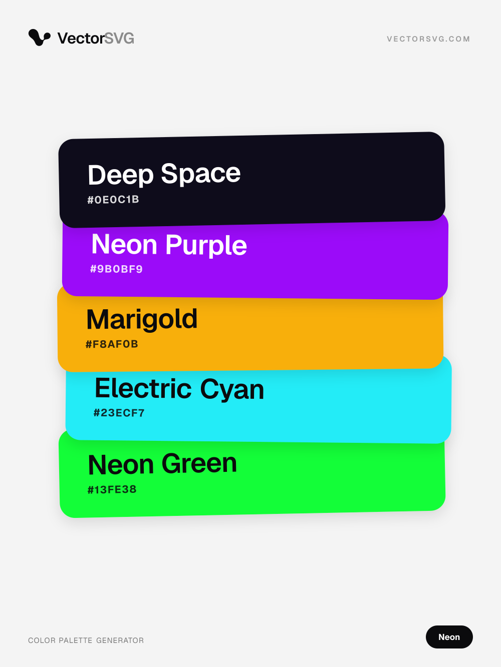 Farbpalette Electric Synth (Neon): Deep Space #0E0C1B, Neon Purple #9B0BF9, Marigold #F8AF0B, Electric Cyan #23ECF7, Neon Green #13FE38 Farbpalette Electric Synth (Neon): Deep Space #0E0C1B, Neon Purple #9B0BF9, Marigold #F8AF0B, Electric Cyan #23ECF7, Neon Green #13FE38