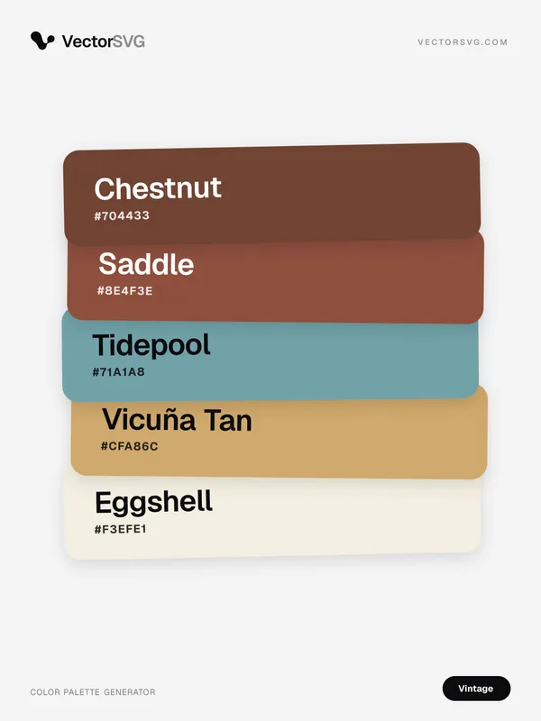 Faded Gramophone Vintage color palette: Chestnut #704433, Saddle #8E4F3E, Tidepool #71A1A8, Vicuña Tan #CFA86C, Eggshell #F3EFE1 Faded Gramophone Vintage color palette: Chestnut #704433, Saddle #8E4F3E, Tidepool #71A1A8, Vicuña Tan #CFA86C, Eggshell #F3EFE1