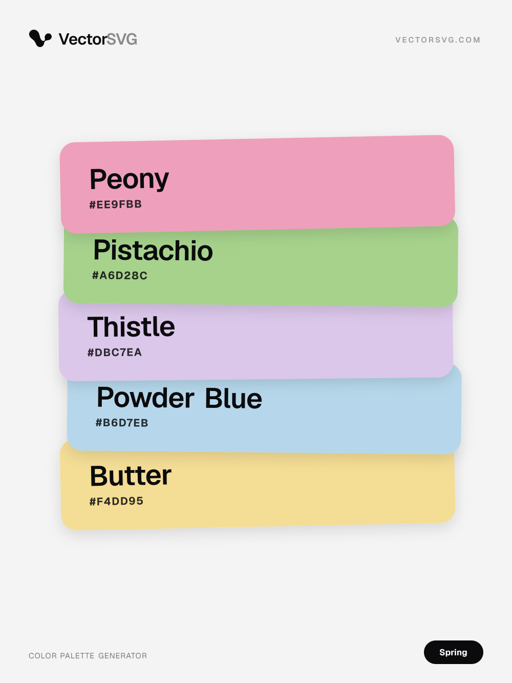 Fresh Showers Spring color palette: Peony #EE9FBB, Pistachio #A6D28C, Thistle #DBC7EA, Powder Blue #B6D7EB, Butter #F4DD95 Fresh Showers Spring color palette: Peony #EE9FBB, Pistachio #A6D28C, Thistle #DBC7EA, Powder Blue #B6D7EB, Butter #F4DD95