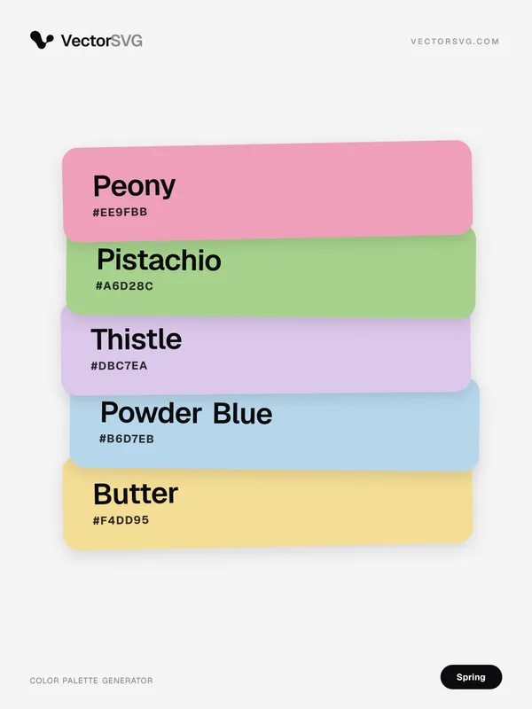 Farbpalette Fresh Showers (Frühling): Peony #EE9FBB, Pistachio #A6D28C, Thistle #DBC7EA, Powder Blue #B6D7EB, Butter #F4DD95 Farbpalette Fresh Showers (Frühling): Peony #EE9FBB, Pistachio #A6D28C, Thistle #DBC7EA, Powder Blue #B6D7EB, Butter #F4DD95