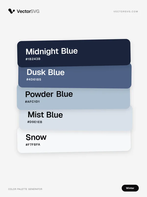 Frosty Fjord Winter color palette: Midnight Blue #1B243B, Dusk Blue #4D6185, Powder Blue #AFC1D1, Mist Blue #D9E1EB, Snow #F7F8FA Frosty Fjord Winter color palette: Midnight Blue #1B243B, Dusk Blue #4D6185, Powder Blue #AFC1D1, Mist Blue #D9E1EB, Snow #F7F8FA