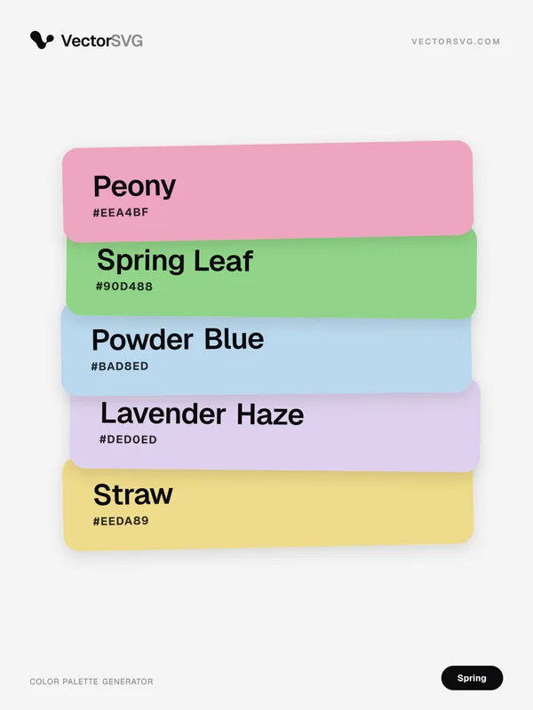 Farbpalette Garden Blossom (Frühling): Peony #EEA4BF, Spring Leaf #90D488, Powder Blue #BAD8ED, Lavender Haze #DED0ED, Straw #EEDA89 Farbpalette Garden Blossom (Frühling): Peony #EEA4BF, Spring Leaf #90D488, Powder Blue #BAD8ED, Lavender Haze #DED0ED, Straw #EEDA89