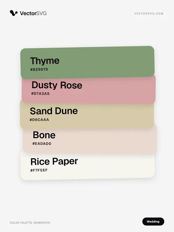 Garden Invitation Wedding color palette: Thyme #829D76, Dusty Rose #D7A3A5, Sand Dune #D6CAAA, Bone #EADAD0, Rice Paper #F7F5EF Garden Invitation Wedding color palette: Thyme #829D76, Dusty Rose #D7A3A5, Sand Dune #D6CAAA, Bone #EADAD0, Rice Paper #F7F5EF