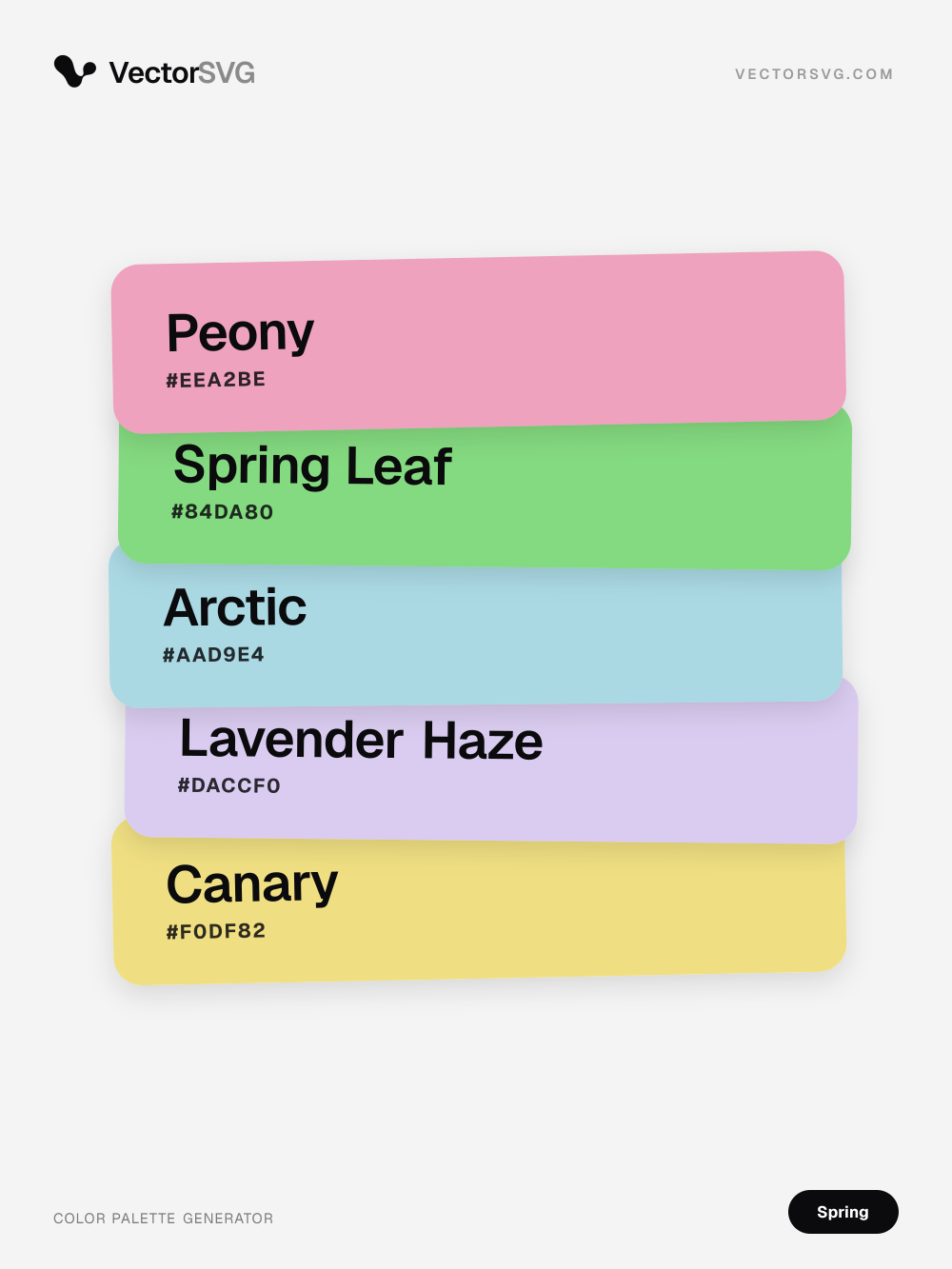 Garden Meadow İlkbahar renk paleti: Peony #EEA2BE, Spring Leaf #84DA80, Arctic #AAD9E4, Lavender Haze #DACCF0, Canary #F0DF82 Garden Meadow İlkbahar renk paleti: Peony #EEA2BE, Spring Leaf #84DA80, Arctic #AAD9E4, Lavender Haze #DACCF0, Canary #F0DF82