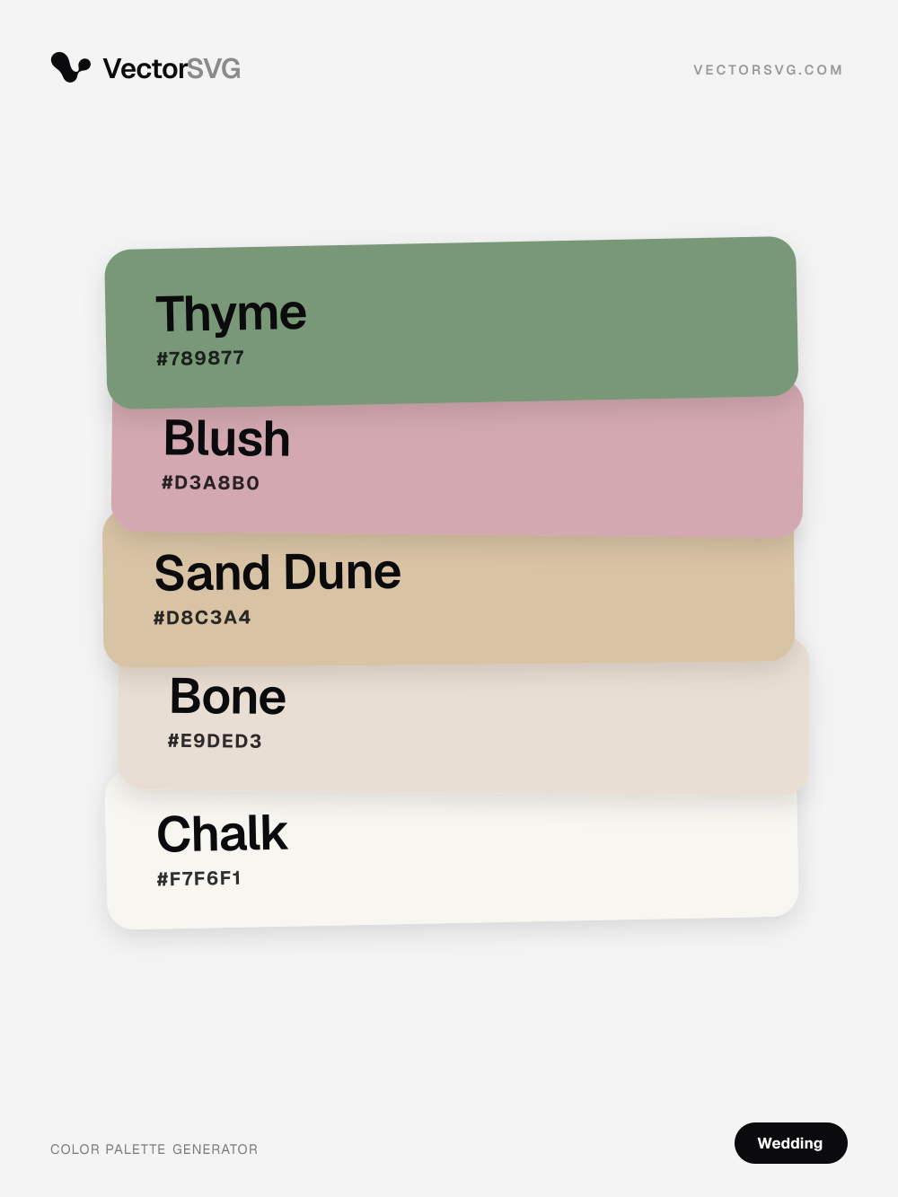 Garden Romance Düğün renk paleti: Thyme #789877, Blush #D3A8B0, Sand Dune #D8C3A4, Bone #E9DED3, Chalk #F7F6F1 Garden Romance Düğün renk paleti: Thyme #789877, Blush #D3A8B0, Sand Dune #D8C3A4, Bone #E9DED3, Chalk #F7F6F1