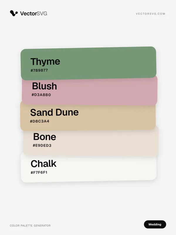 Garden Romance Wedding color palette: Thyme #789877, Blush #D3A8B0, Sand Dune #D8C3A4, Bone #E9DED3, Chalk #F7F6F1 Garden Romance Wedding color palette: Thyme #789877, Blush #D3A8B0, Sand Dune #D8C3A4, Bone #E9DED3, Chalk #F7F6F1