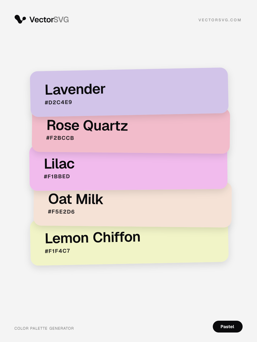Farbpalette Gentle Breeze (Pastell): Lavender #D2C4E9, Rose Quartz #F2BCCB, Lilac #F1BBED, Oat Milk #F5E2D6, Lemon Chiffon #F1F4C7 Farbpalette Gentle Breeze (Pastell): Lavender #D2C4E9, Rose Quartz #F2BCCB, Lilac #F1BBED, Oat Milk #F5E2D6, Lemon Chiffon #F1F4C7