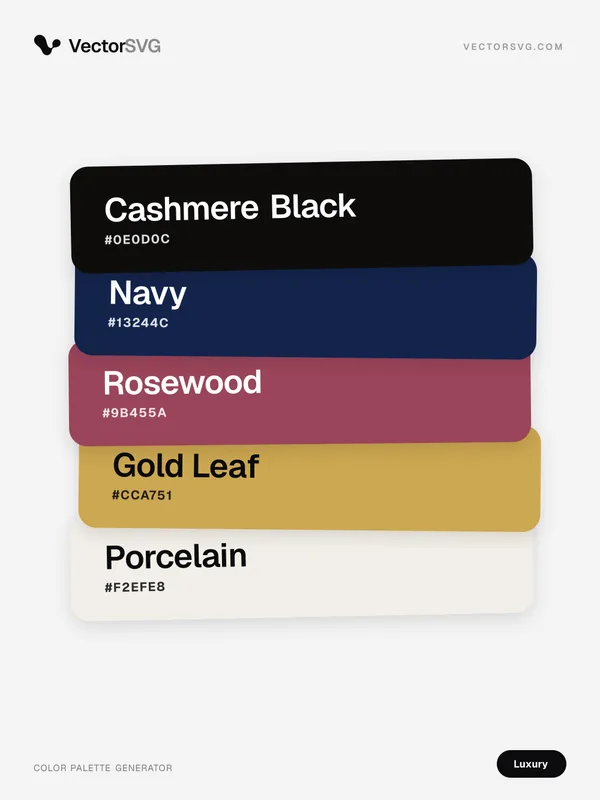 Farbpalette Gilded Atelier (Luxus): Cashmere Black #0E0D0C, Navy #13244C, Rosewood #9B455A, Gold Leaf #CCA751, Porcelain #F2EFE8 Farbpalette Gilded Atelier (Luxus): Cashmere Black #0E0D0C, Navy #13244C, Rosewood #9B455A, Gold Leaf #CCA751, Porcelain #F2EFE8