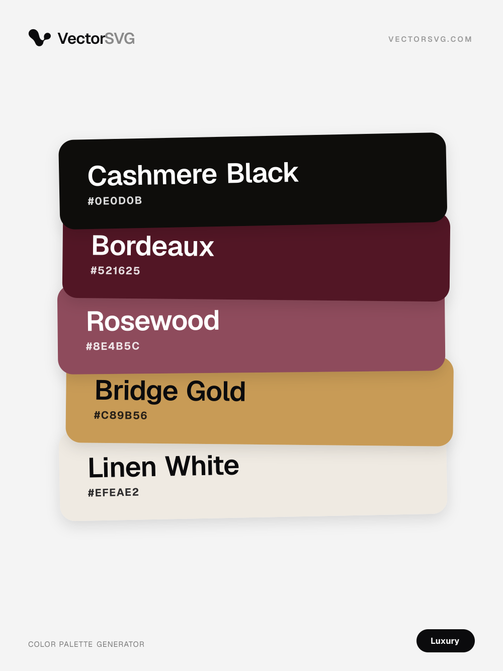 Farbpalette Gilded Estate (Luxus): Cashmere Black #0E0D0B, Bordeaux #521625, Rosewood #8E4B5C, Bridge Gold #C89B56, Linen White #EFEAE2 Farbpalette Gilded Estate (Luxus): Cashmere Black #0E0D0B, Bordeaux #521625, Rosewood #8E4B5C, Bridge Gold #C89B56, Linen White #EFEAE2