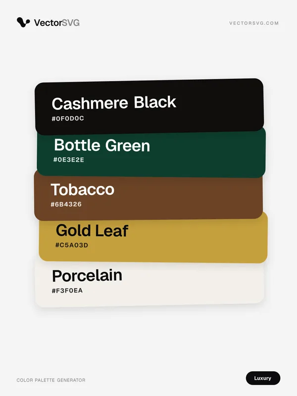 Farbpalette Gilded Reserve (Luxus): Cashmere Black #0F0D0C, Bottle Green #0E3E2E, Tobacco #6B4326, Gold Leaf #C5A03D, Porcelain #F3F0EA Farbpalette Gilded Reserve (Luxus): Cashmere Black #0F0D0C, Bottle Green #0E3E2E, Tobacco #6B4326, Gold Leaf #C5A03D, Porcelain #F3F0EA