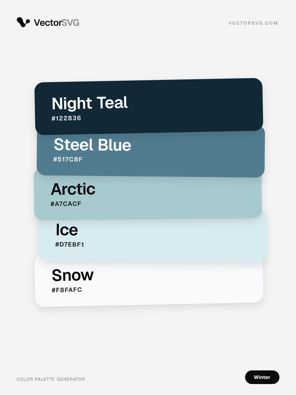 Glacier Breath Winter color palette: Night Teal #122836, Steel Blue #517C8F, Arctic #A7CACF, Ice #D7EBF1, Snow #F8FAFC Glacier Breath Winter color palette: Night Teal #122836, Steel Blue #517C8F, Arctic #A7CACF, Ice #D7EBF1, Snow #F8FAFC